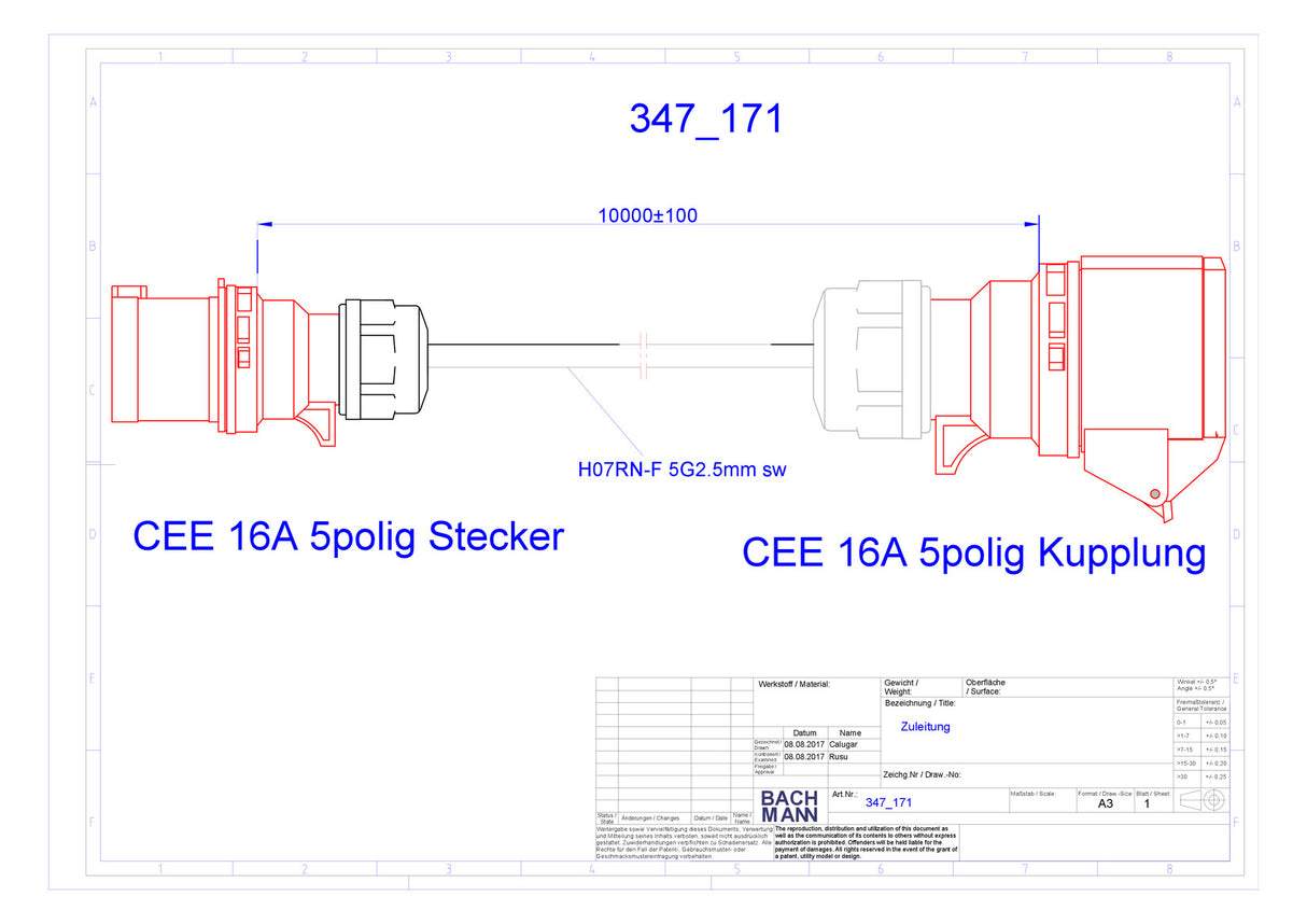 BACHMANN CEE-Verlängerung 10m 5x2,5qmm 347.171 16A sw IP44 CEE-Steck CEE-Kuppl