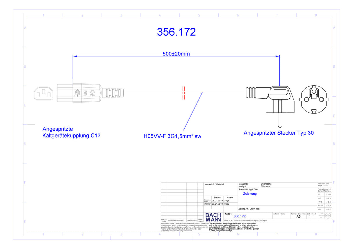 BACHMANN Netzanschlussleitung 0,5m 10A 356.172 3x1,5qmm sw IP20 PVC