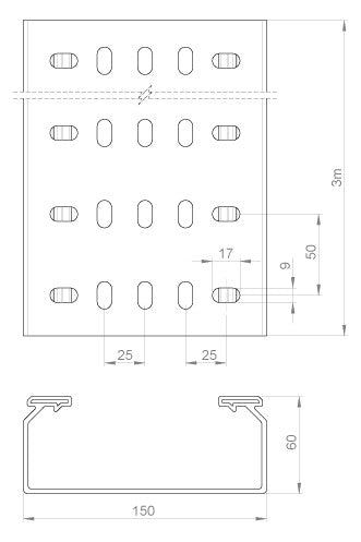 UNEX Kabelbahnunterteil 60x150 grau,RAL 7035, gelocht 66150