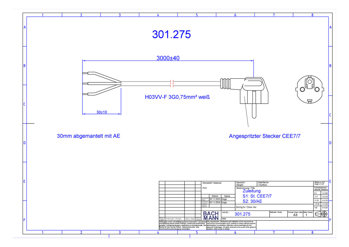 BACHMANN Netzanschlussleitung 3m 16A ws 301.275 3x0,75qmm IP20 Aderendh 0-70°C