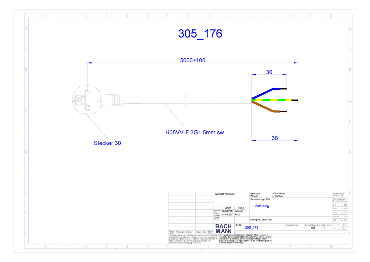 BACHMANN Netzanschlussleitung 5m 16A sw 305.176 3x1,5qmm IP20 Aderendh 0-70°C