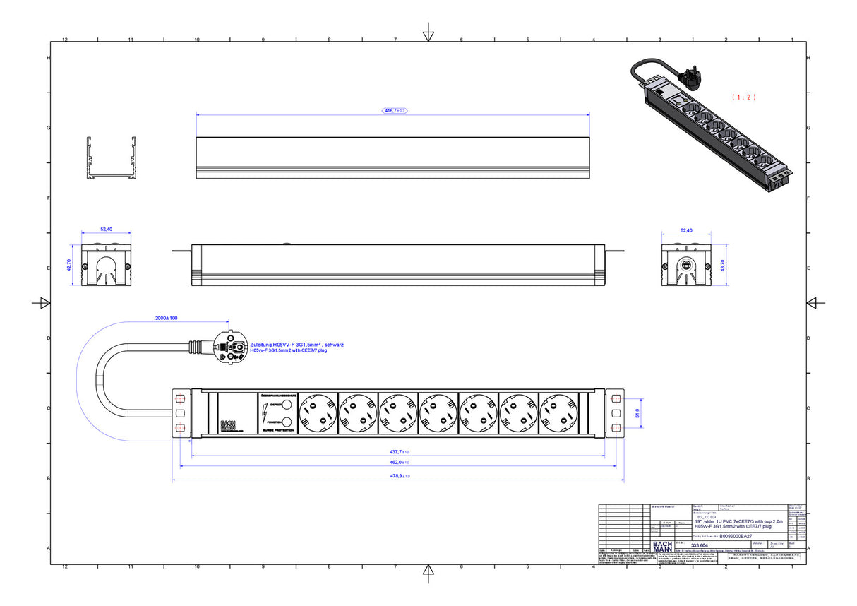 BACHMANN Steckdosenleiste 19 1HE 230V 333.604 7Steckd