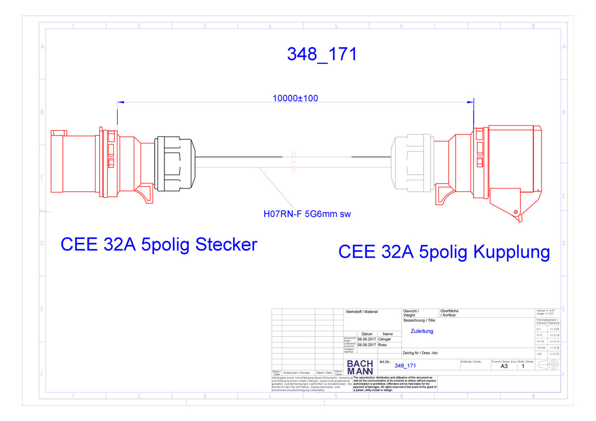 BACHMANN CEE-Verlängerung 10m 5x6qmm 32A 348.171 sw IP44 CEE-Steck CEE-Kuppl