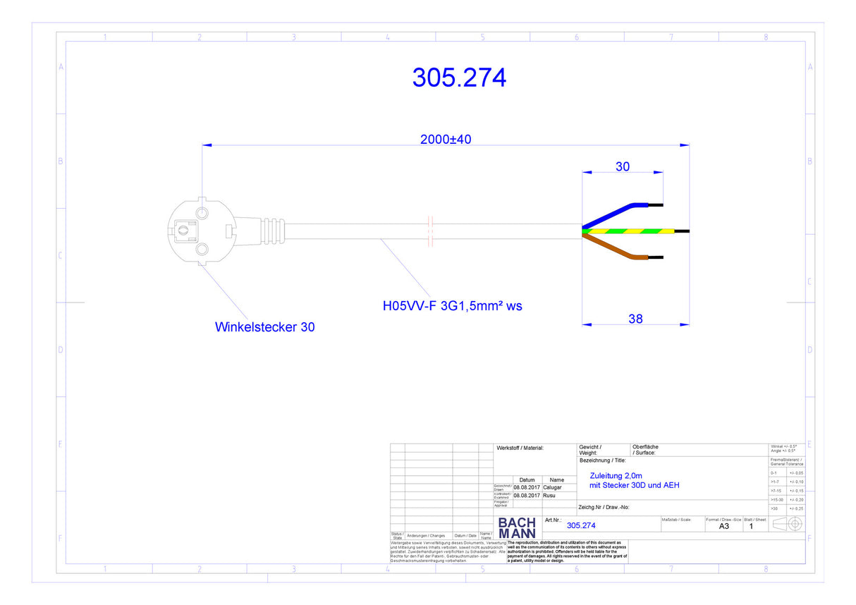 BACHMANN Netzanschlussleitung 2m 16A ws 305.274 3x1,5qmm IP20 Aderendh 0-70°C