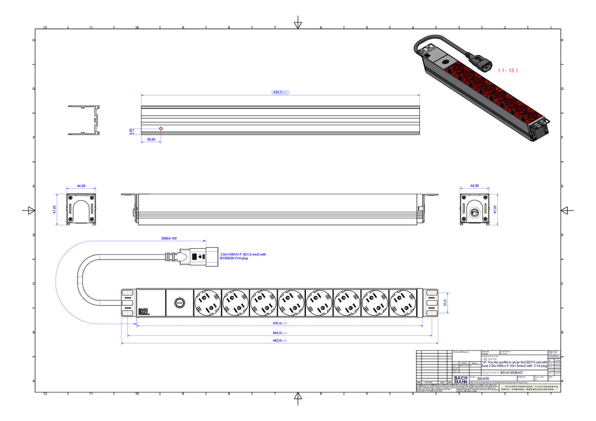BACHMANN Steckdosenleiste 19 1HE 230V 333.410 8Steckd