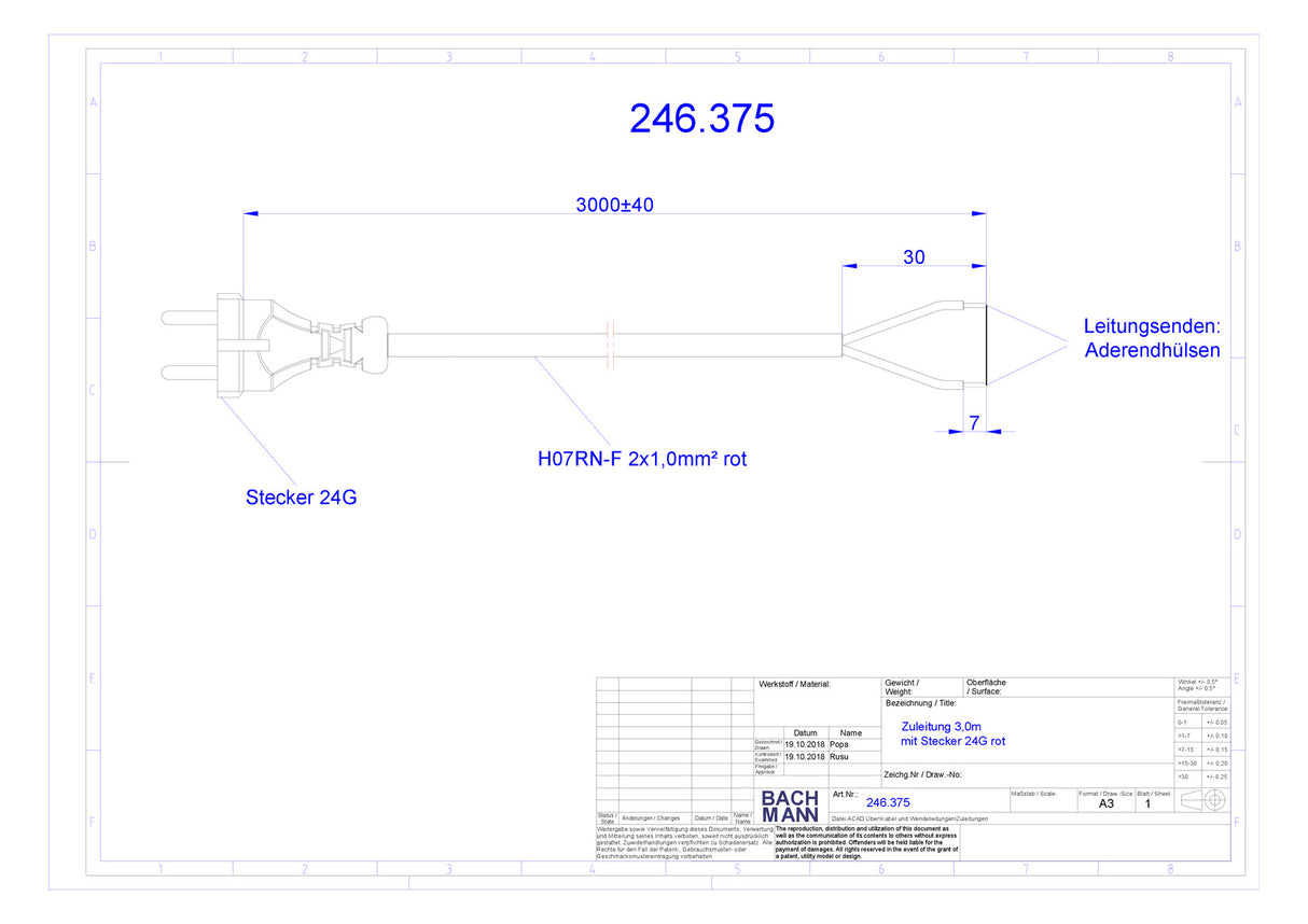 BACHMANN Netzanschlussleitung 3m 2x1qmm 246.375 10A rt IP20 Profilstecker Gummi