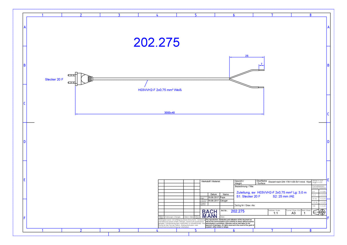 BACHMANN Netzanschlussleitung 3m 2,5A ws 202.275 2x0,75qmm IP20 Euro-Steck PVC