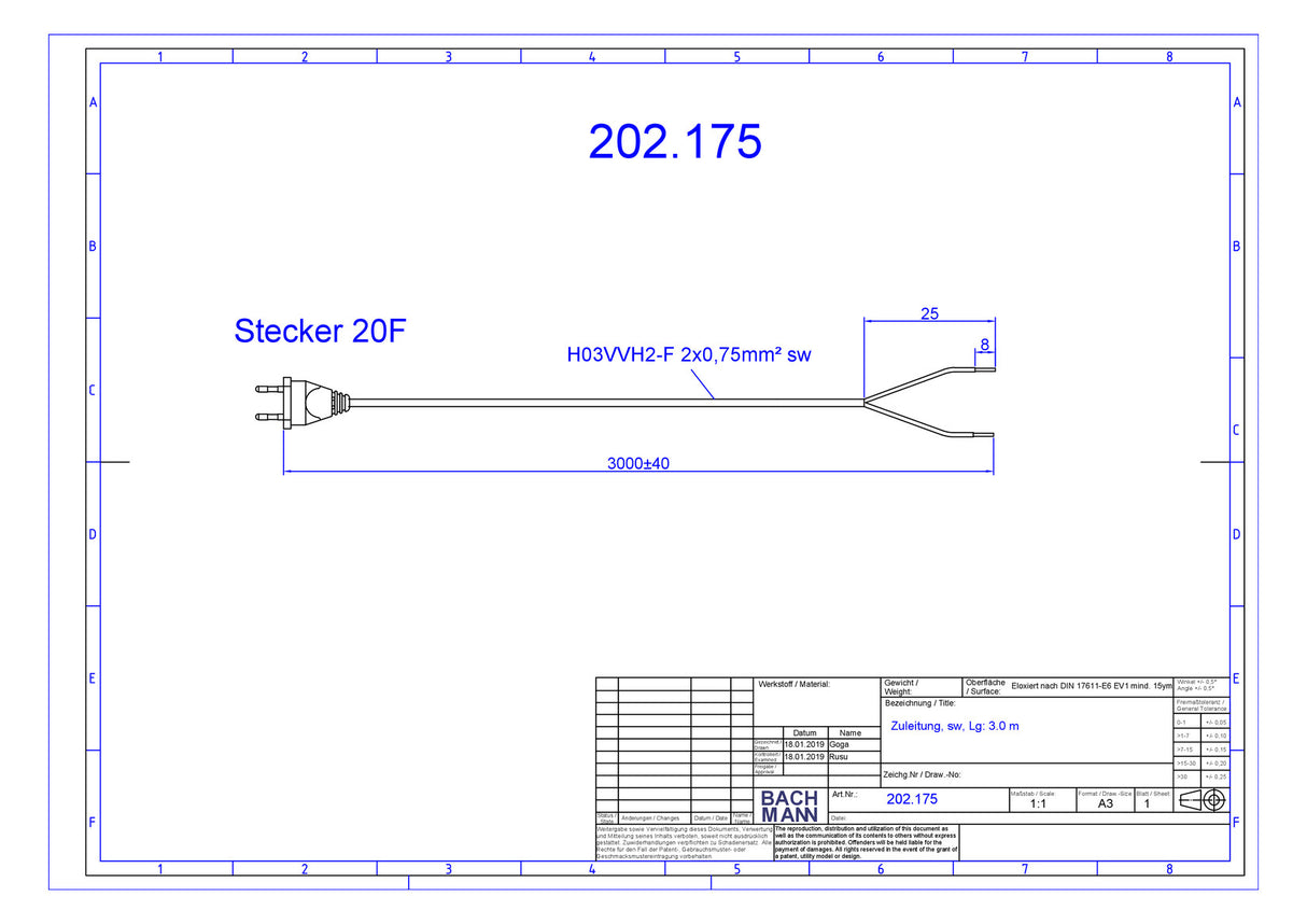 BACHMANN Netzanschlussleitung 3m 2,5A sw 202.175 2x0,75qmm IP20 Euro-Steck PVC