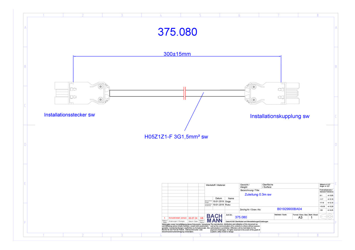 BACHMANN Verbindungskabel 3p H05Z1Z1-F 375.080 1,5qmm L300mm sw