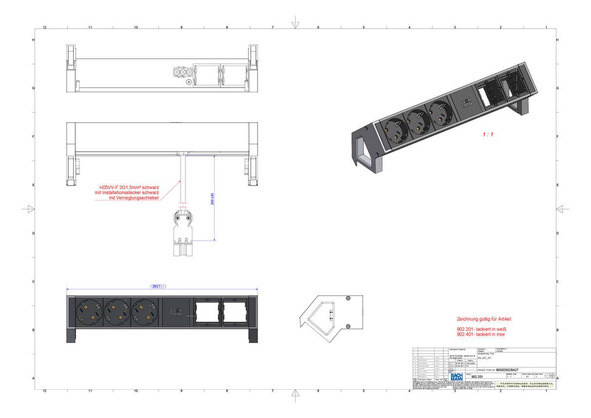 BACHMANN Steckdosenleiste 3/2f sw 0,2m 902.401 35° IP20 1,5qmm