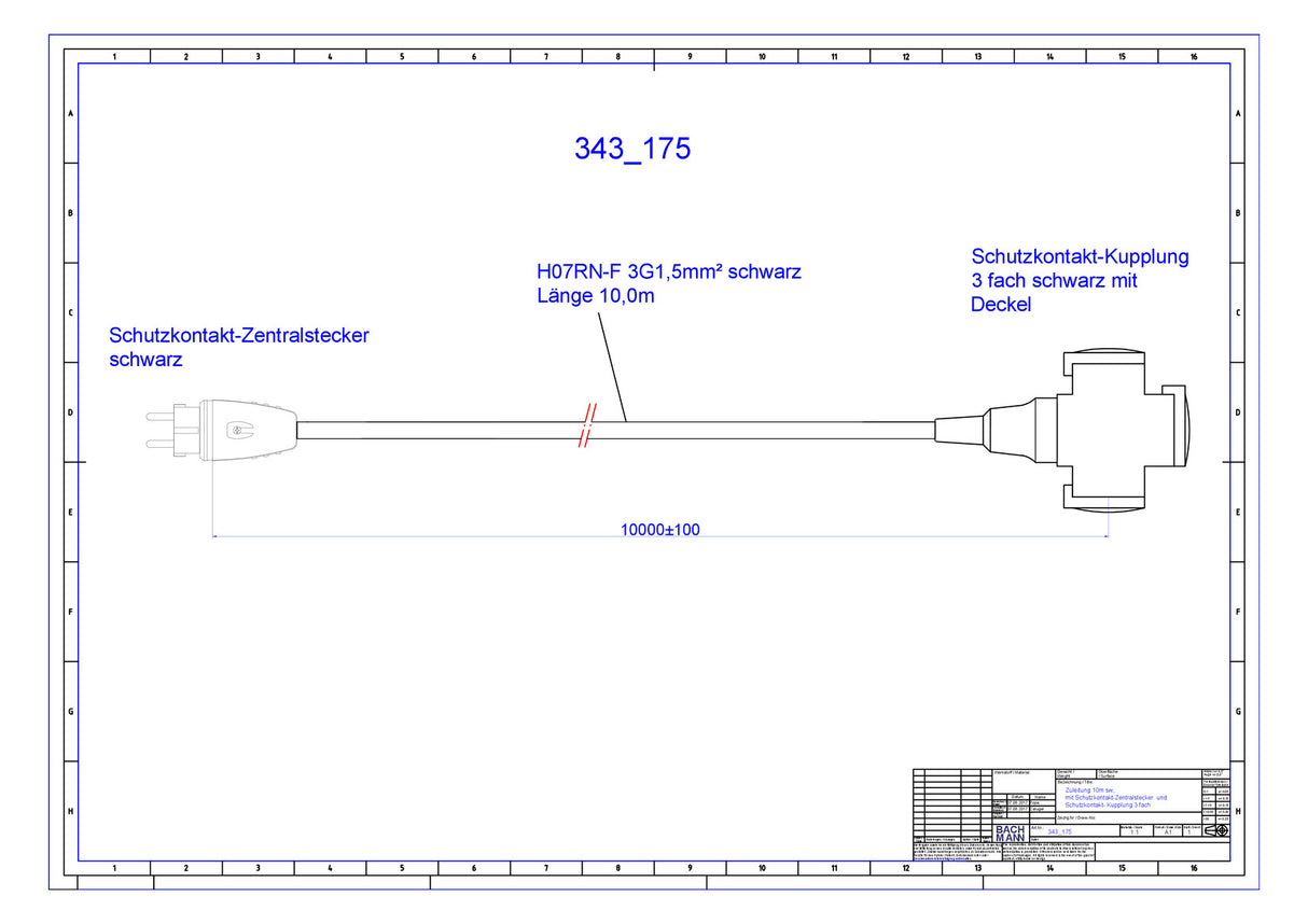 BACHMANN Netzanschlussleitung 10m 16A sw 343.175 3x1,5qmm IP44 Schutzk-Kuppl