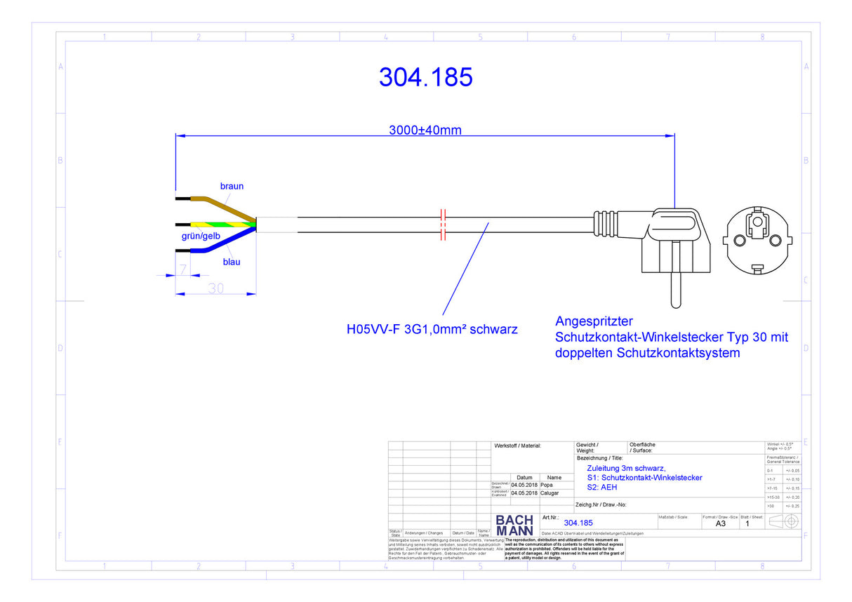 BACHMANN Netzanschlussleitung 3m 3x1qmm 304.185 16A sw IP20 Aderendh 0-70°C PVC