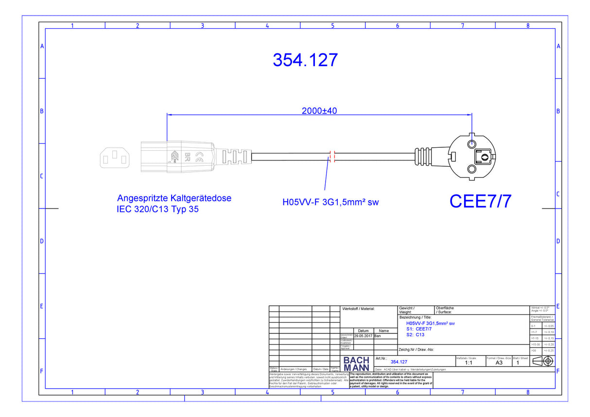 BACHMANN Netzanschlussleitung 2m 10A sw 354.127 3x1,5qmm IP20 PVC