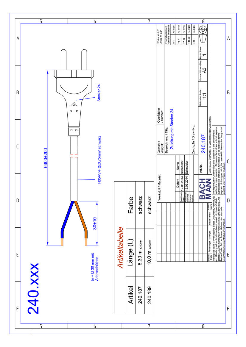 BACHMANN Netzanschlussleitung 6,3m 10A 240.187 2x0,75qmm sw IP20 Aderendh PVC