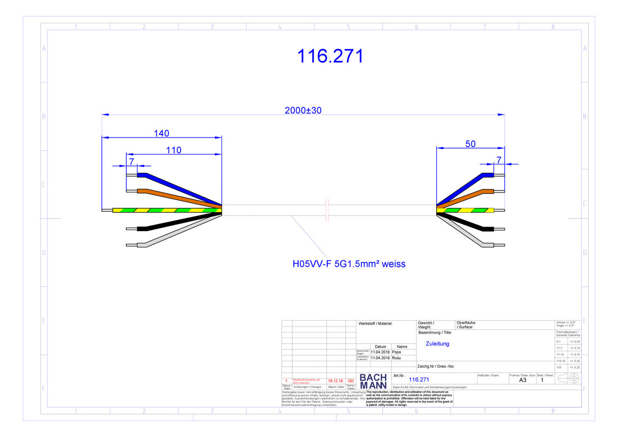 BACHMANN Herdanschlussleitung 2m 16A ws 116.271 5x1,5qmm IP20 Aderendh Aderendh