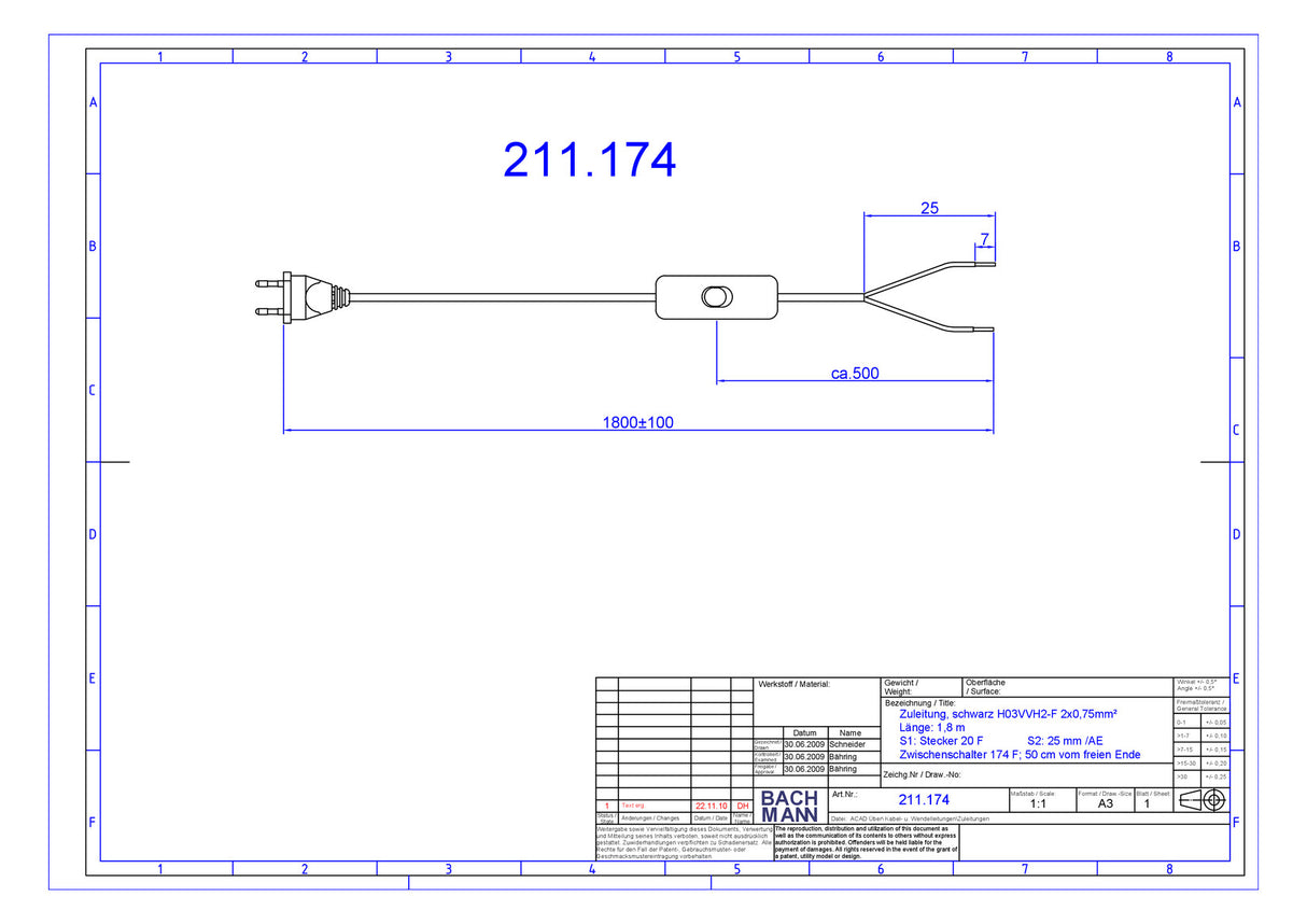 BACHMANN Netzanschlussleitung 1,8m 2,5A 211.174 2x0,75qmm sw IP20 Aderendh PVC