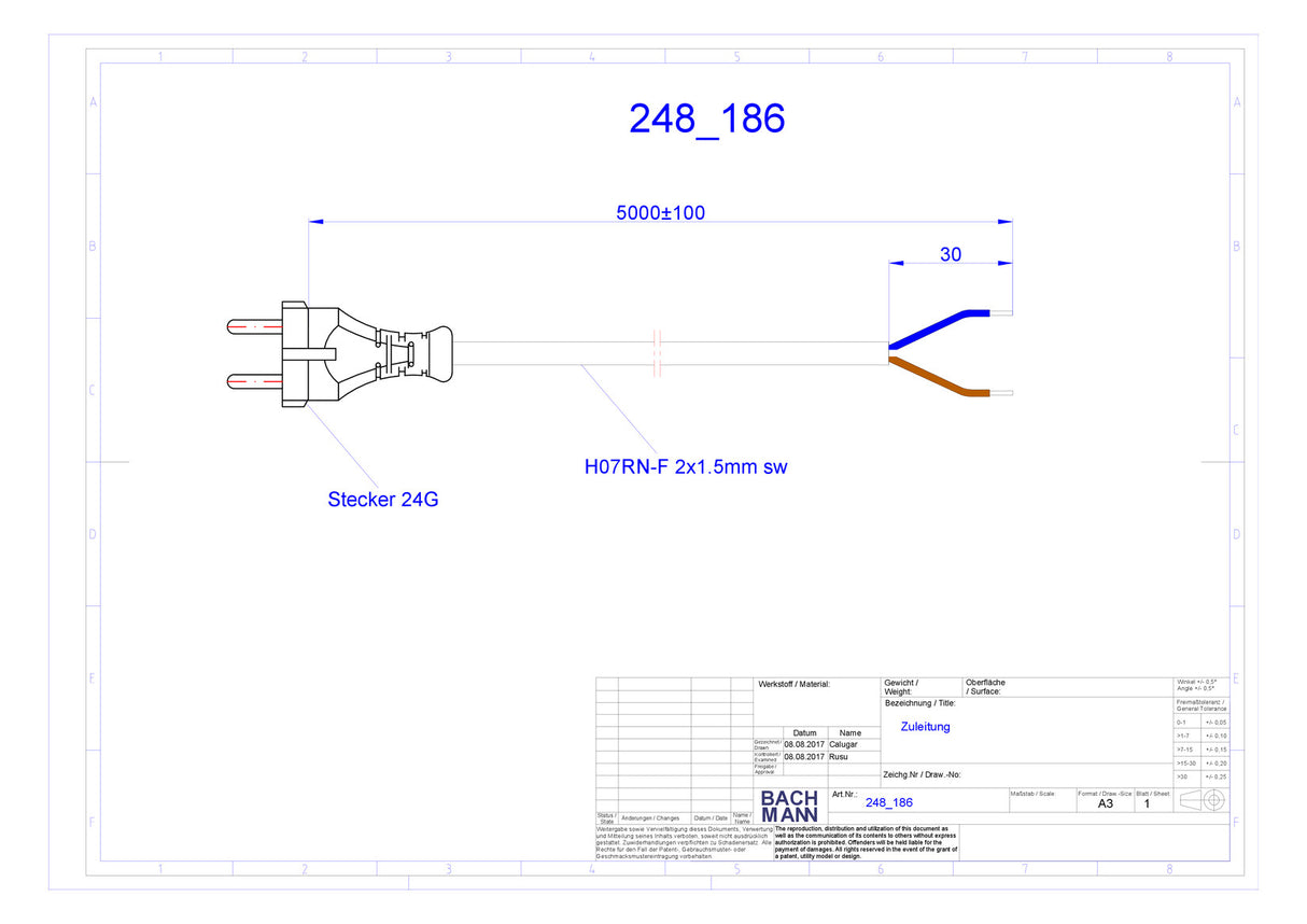 BACHMANN Netzanschlussleitung 5m 10A sw 248.186 2x1,5qmm IP20 KontSteck 0-70°C
