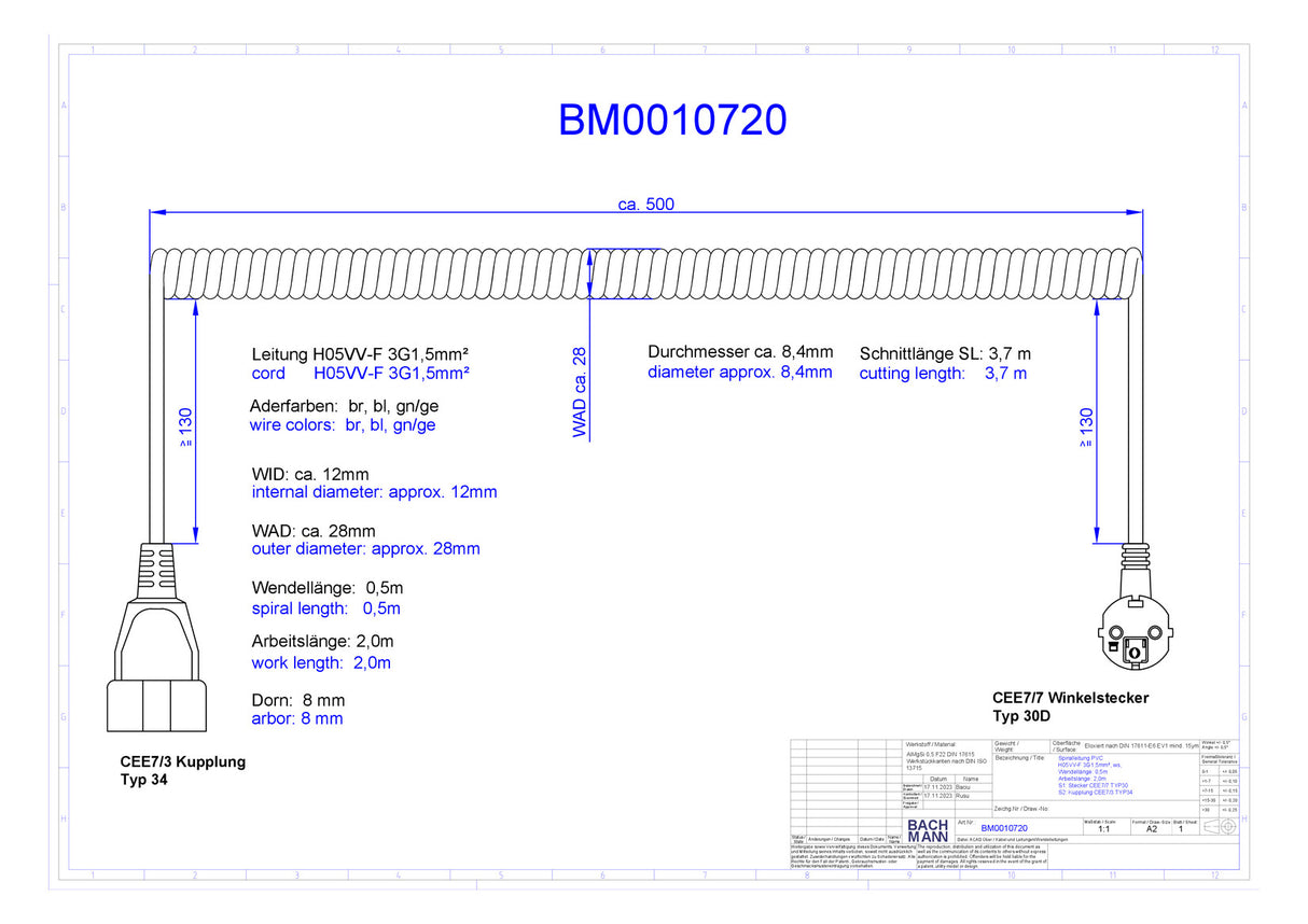 BACHMANN Spiralleitung 0,5m 3x1,5qmm 16A BM0010720 ws CEE7/4(Typ F) PVC