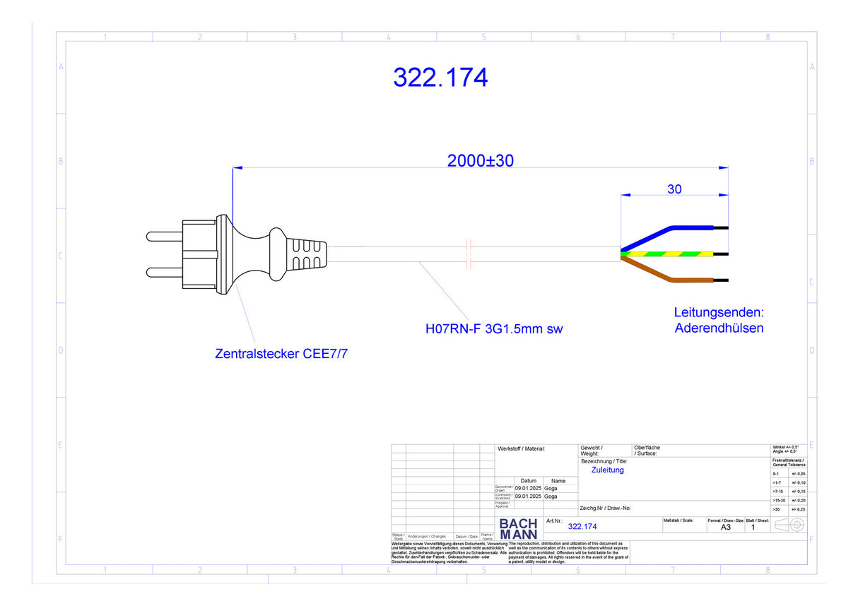 BACHMANN Netzanschlussleitung 2m 16A sw 322.174 3x1,5qmm IP20 Aderendh 0-70°C