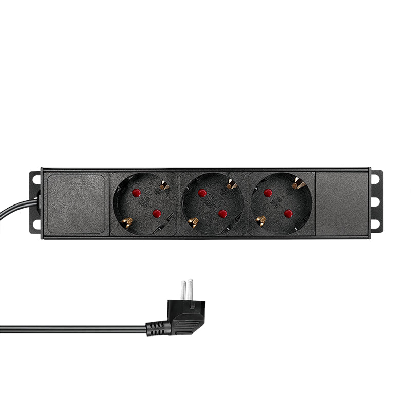 10" Netzleiste, 3x Schuko, 1HE, 2m-Kabel, Schwarz, ALU