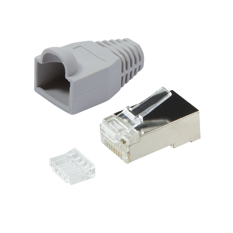 RJ45 Stecker Cat.6 geschirmt inklusive Tülle grau, 100 Stück