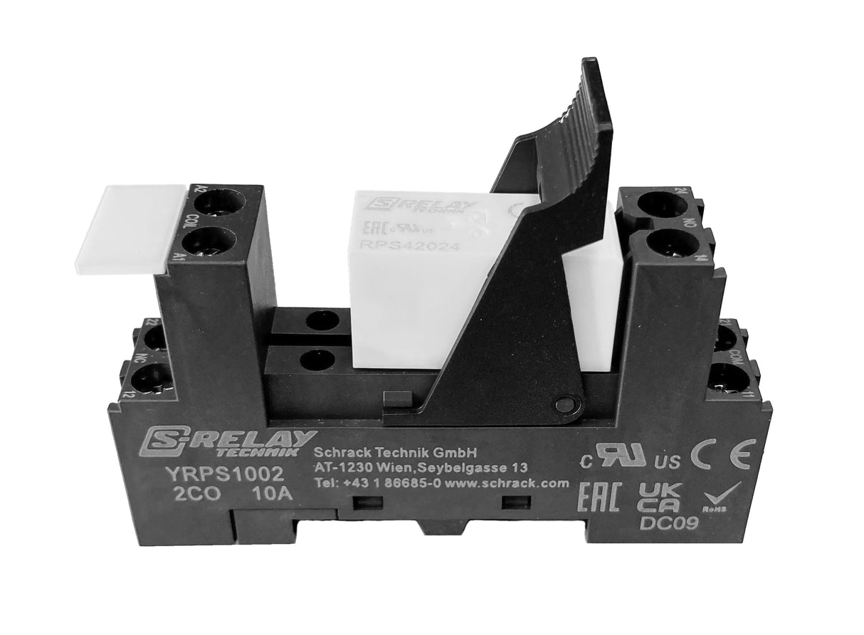 SET: Printrelais 2 Wechsler 8A, 24VAC, 5mm/Sockel/Haltebügel