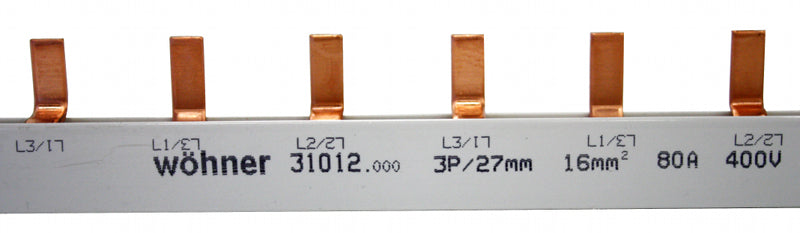 Verschienung 3-polig, Stift, 16mm², 80 A, Teilung 27mm, 1m