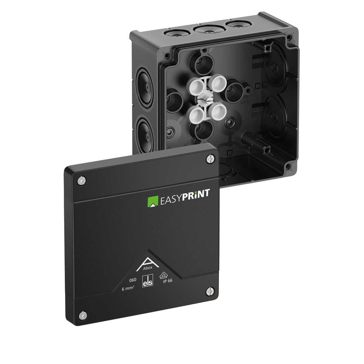 SPELSBERG Abzweigdose IP66 6qmm quadrat Abox 060-L/sw EasyPrint 127x127x70mm