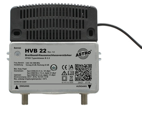 1 GHz Breitbandverstärker 25 dB / 97 dBuV Vorweg, VFKD zertifiziert Typklasse B (2.1)