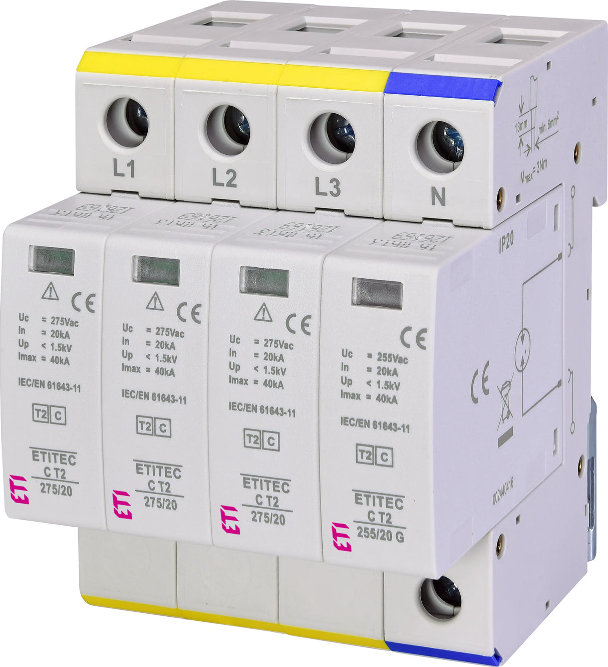 ETI Überspannungsableiter 275VAC 1,5kV ETITEC C T2 275/20 3+1 Netzform-TN-C/TN-