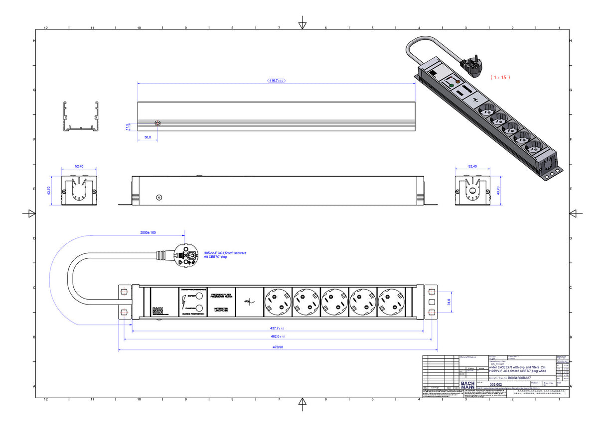 BACHMANN Steckdosenleiste 19 1HE 230V 333.002 Überspannungskategorie: 3
