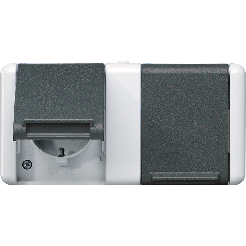 JUNG Steckdose 2f gr glz AP Klappd IP44 WG 800 8220-1 W horiz