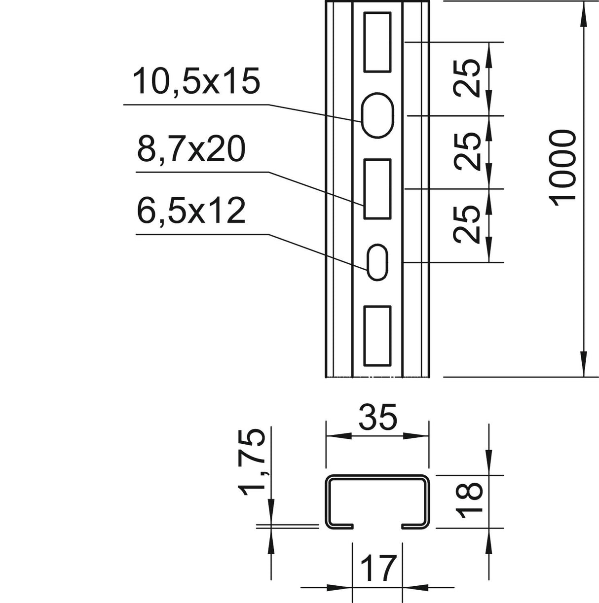 BETTERMANN C-Profilschiene ST 17mm CMS3518P1000FT 1000x35x18mm D1,75mm