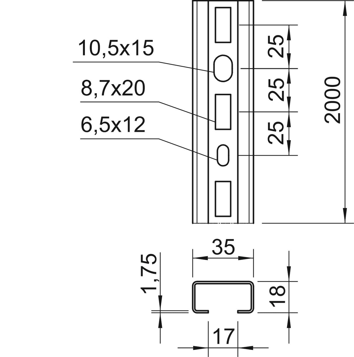 BETTERMANN C-Profilschiene ST 17mm CMS3518P2000FT 2000x35x18mm D1,75mm