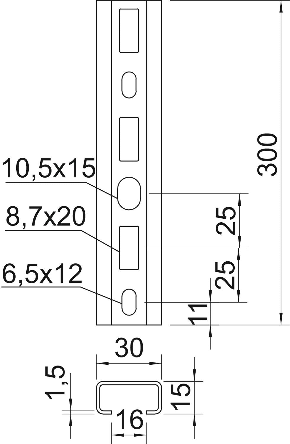 BETTERMANN C-Profilschiene ST 16mm CM3015P0300FT 300x30x15mm D1,5mm