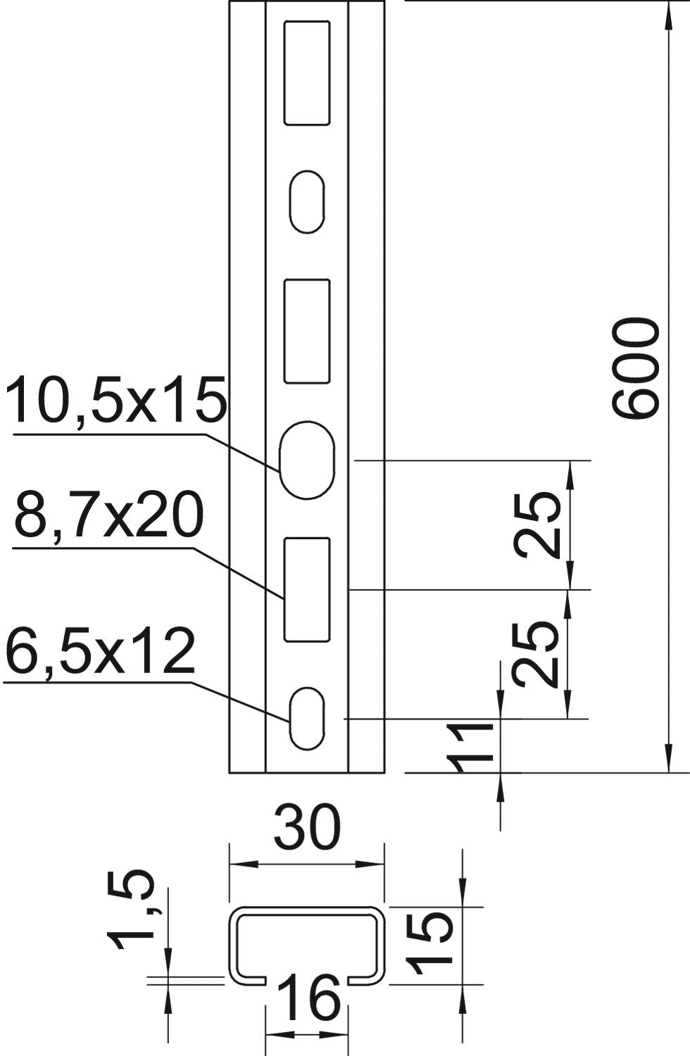 BETTERMANN C-Profilschiene ST 16mm CM3015P0600FT 600x30x15mm D1,5mm