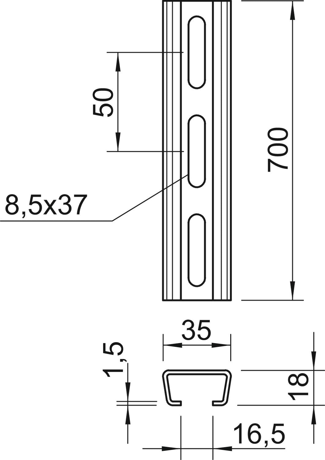 BETTERMANN C-Profilschiene ST 16,5mm AML3518P0700FT 700x35x18mm D1,5mm