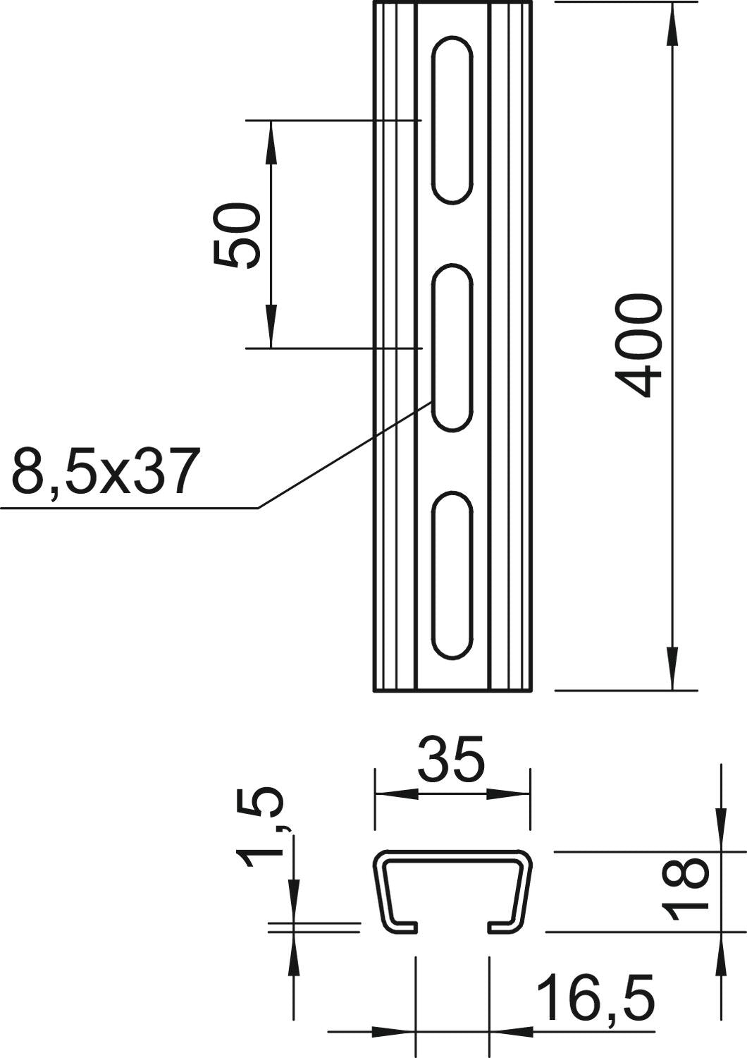 BETTERMANN C-Profilschiene ST 16,5mm AML3518P0400FT 400x35x18mm D1,5mm