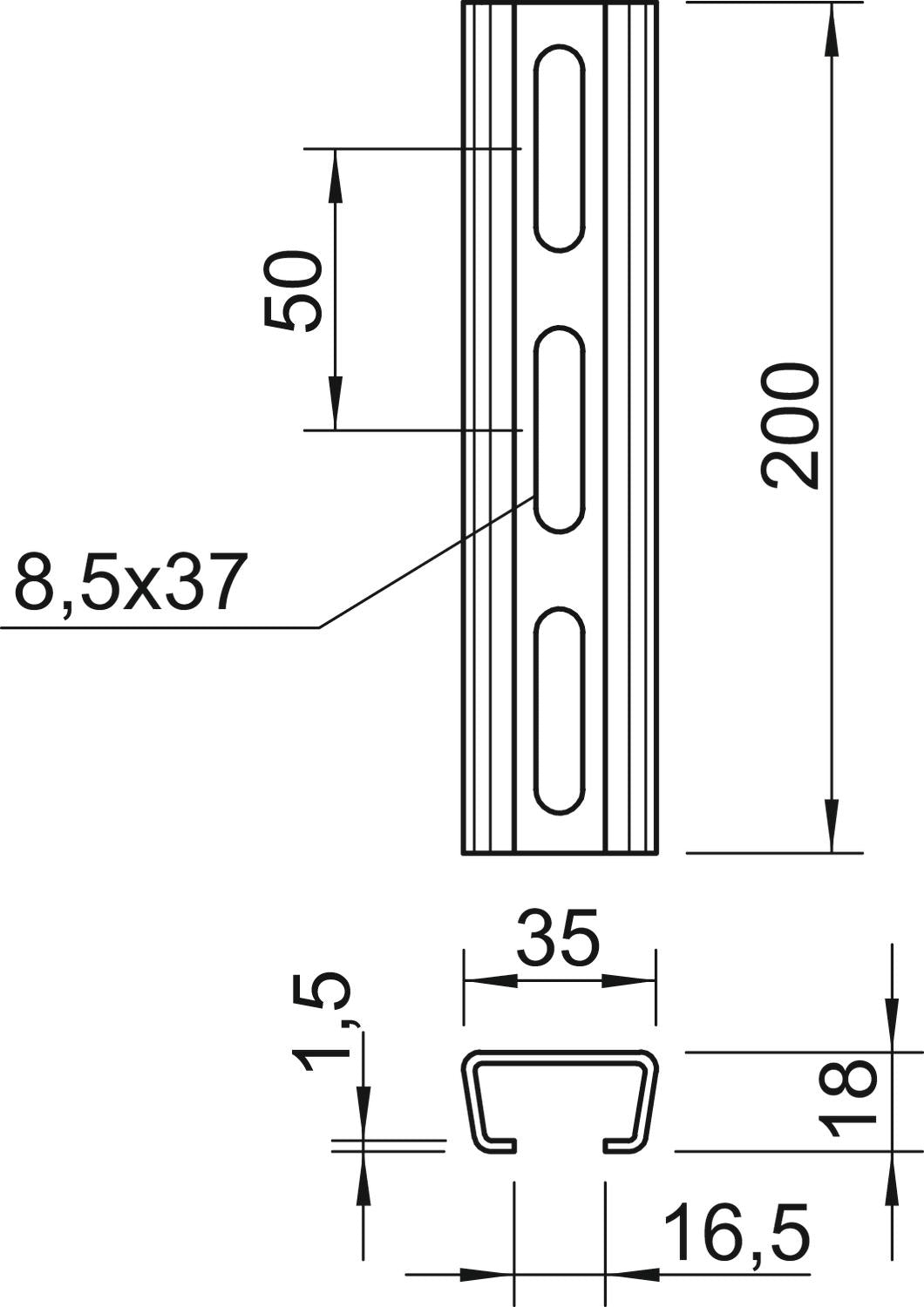BETTERMANN C-Profilschiene ST 16,5mm AML3518P0200FT 200x35x18mm D1,5mm
