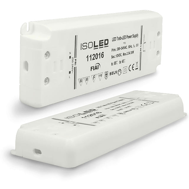 12 V/DC LED Netzteil mit MM- und F Zeichen - ideal für direkte Montage auf normal entflammbaren Oberflächen wie z.B. Holz. Geschützt gegen Überstrom, Kurzschluss, Übertemperatur. Temperaturbereich: -20°C bis +50°C (tc=80°C). Kennzeichen: SELV, MM, F. Schutzklasse 2, IP20