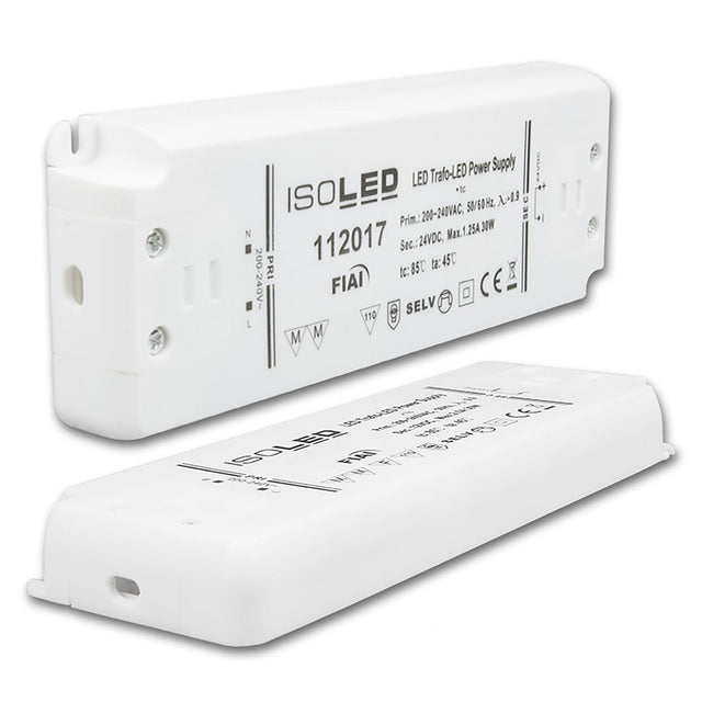 24 V/DC LED Netzteil mit MM-Zeichen - ideal für direkte Montage auf normal entflammbaren Oberflächen wie z.B. Holz. Geschützt gegen Überstrom, Kurzschluss, Übertemperatur. Temperaturbereich: -20°C bis +50°C (tc=85°C). Kennzeichen: SELV, MM, Schutzklasse 2, IP20