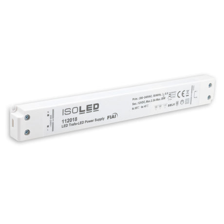 12 V/DC LED Netzteil mit MM- und F Zeichen - ideal für direkte Montage auf normal entflammbaren Oberflächen wie z.B. Holz. Extrem flach und schmal. Geschützt gegen Überstrom, Kurzschluss, Übertemperatur. Temperaturbereich: -20°C bis +50°C (tc=80°C).  Kennzeichen: SELV, MM, F. Schutzklasse 2, IP20