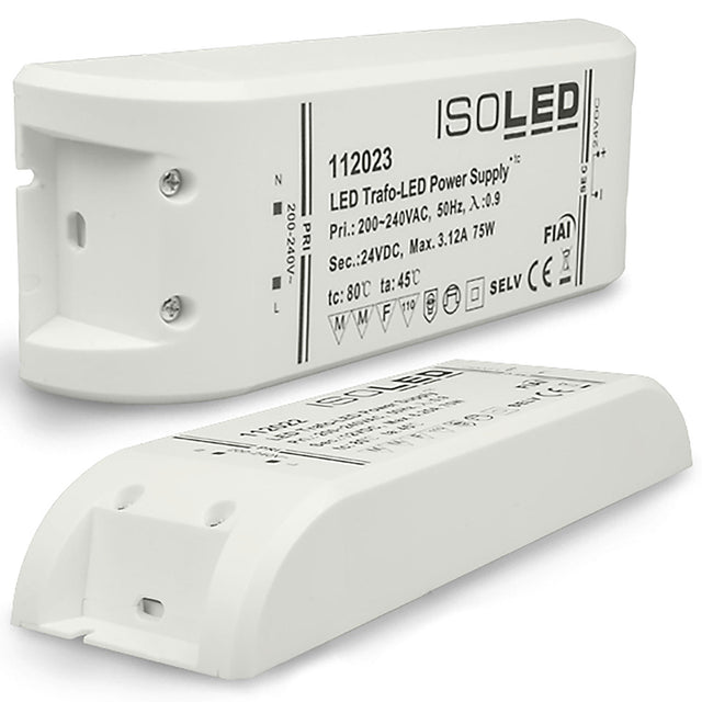24 V/DC LED Netzteil mit MM-Zeichen - ideal für direkte Montage auf normal entflammbaren Oberflächen wie z.B. Holz. Geschützt gegen Überstrom, Kurzschluss, Übertemperatur. Temperaturbereich: -20°C bis +50°C (tc=90°C). Kennzeichen: SELV , MM , Schutzklasse 2, IP20