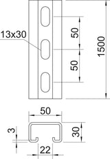 BETTERMANN C-Profilschiene ST 22mm D3mm MS5030P1500FT 1500x50x30mm Rück_gel