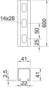 BETTERMANN C-Profilschiene ST 22mm MS4141P0600FT 600x41x41mm D2,5mm
