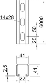BETTERMANN C-Profilschiene edst 22mm MS4141P6000A4 6000x41x41mm D2,5mm