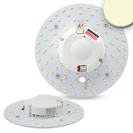 LED Platine mit 4 Magnethaltern, Platinenstärke 3mm, geeignet für Wand- und Deckenleuchten mit Metall oder Blech Montageplatte, inkl. vormontiertem Trafo 330mA, 27-42V mit Radarsensor - Empfindlichkeit/Zeit/Verzögerung über Dip-Schalter einstellbar.