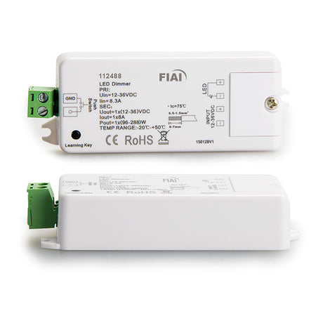 Frequenz 434MHz/868MHz, 1 Zone Single-Color, kann von bis zu 5 verschiedenen Sys-One Controllern angesprochen werden. Vom Taster zum Push-Eingang geschirmtes TwistedPair Steuerkabel verwenden um selbstinduzierte Tastimpulse zu vermeiden. Programmierung bleibt auch nach Abschalten der Stromzufuhr erhalten. Installation und Anschluss ausschließlich Spannungsfrei durchführen!