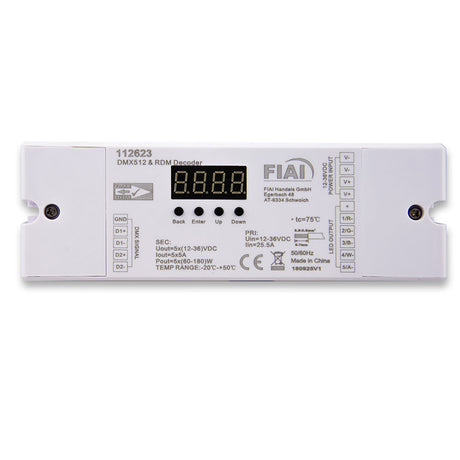 DMX512 IN/OUT RDM (bidirektionale Kommunikation) freie Adressierung und Anzeige der DMX Adresse über Display