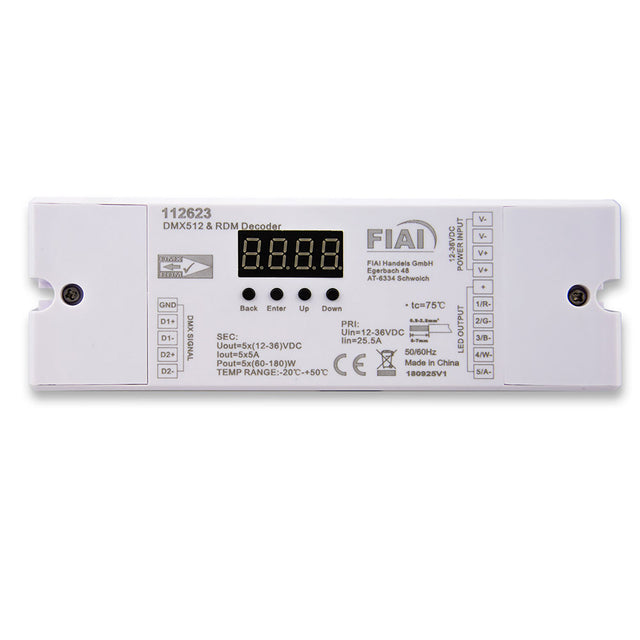 DMX512 IN/OUT RDM (bidirektionale Kommunikation) freie Adressierung und Anzeige der DMX Adresse über Display